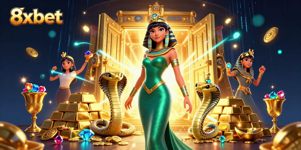 Spin big wins at 8xbet with stunning visuals of treasures and an enchanting woman in emerald.