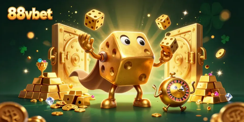 Experience the excitement at 88vbet with dynamic golden dice and treasures in a vibrant casino scene.