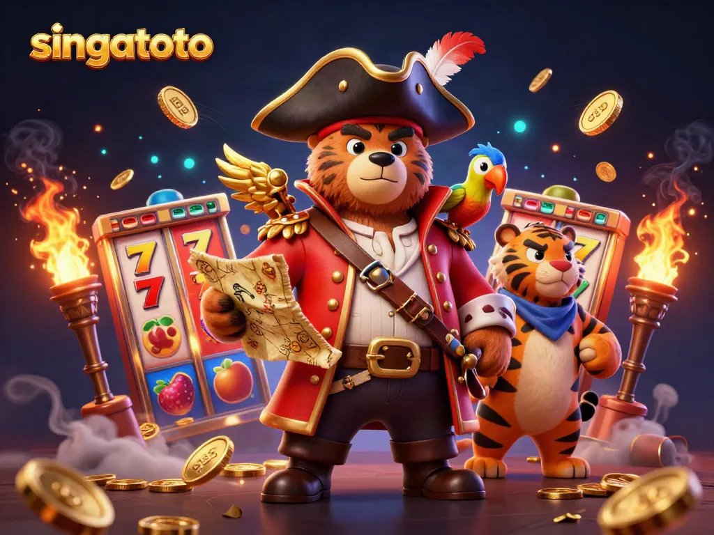Engage with the thrilling world of singatoto slot games in this vibrant, action-packed illustration.