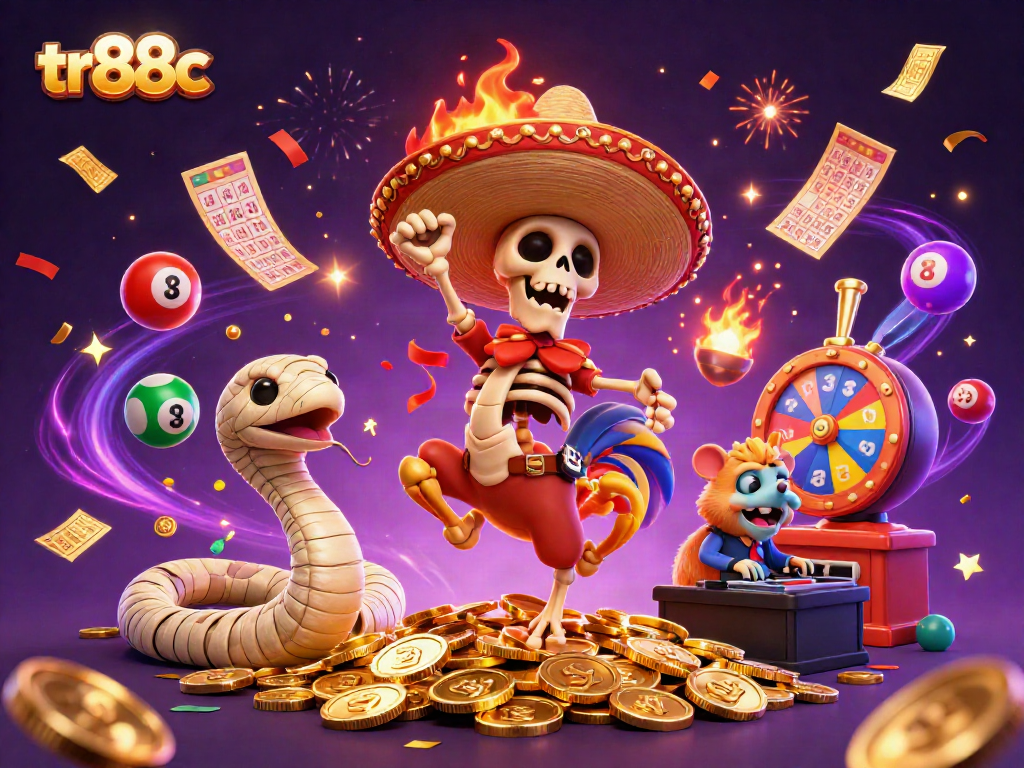 tr88c celebrated by a vibrant 3D scene featuring a dancing mariachi rooster and lively game elements.