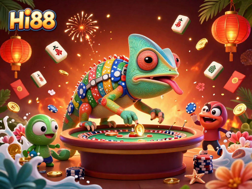 Experience Hi88 excitement with vibrant art illustrating a dynamic casino scene.