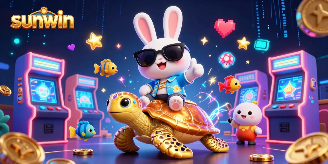 Engage in thrilling gameplay with sunwin as a lucky rabbit rides a golden turtle amidst colorful arcade elements.