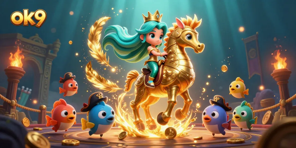 Experience thrill with ok9 as a mermaid princess rides a seahorse in a vibrant casino adventure.