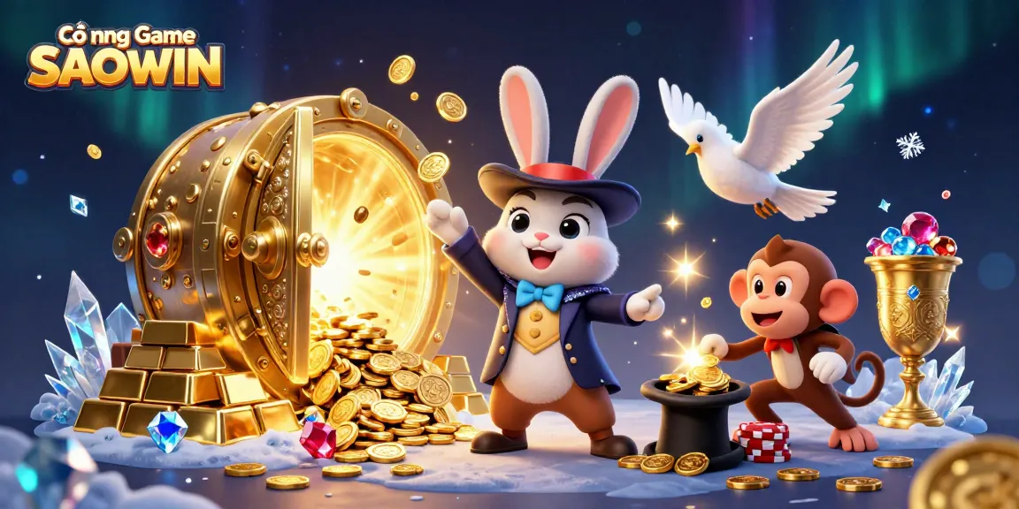 Experience the excitement of Cổng Game SAOWIN with a magical 3D casino illustration featuring a rabbit, dove, and monkey.
