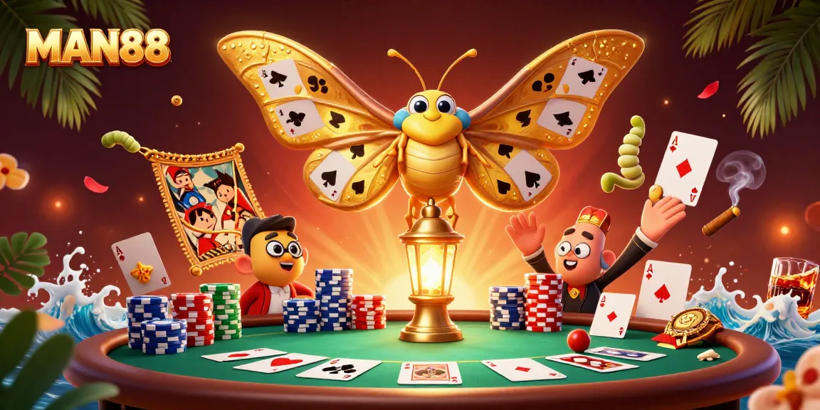 MAN88 offers a vibrant casino experience with a dynamic scene of colorful poker elements.