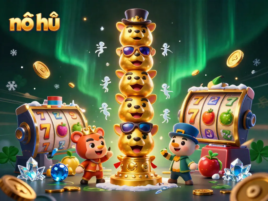 Experience thrilling nổ hũ gameplay with vibrant, animated symbols and characters in this immersive casino illustration.