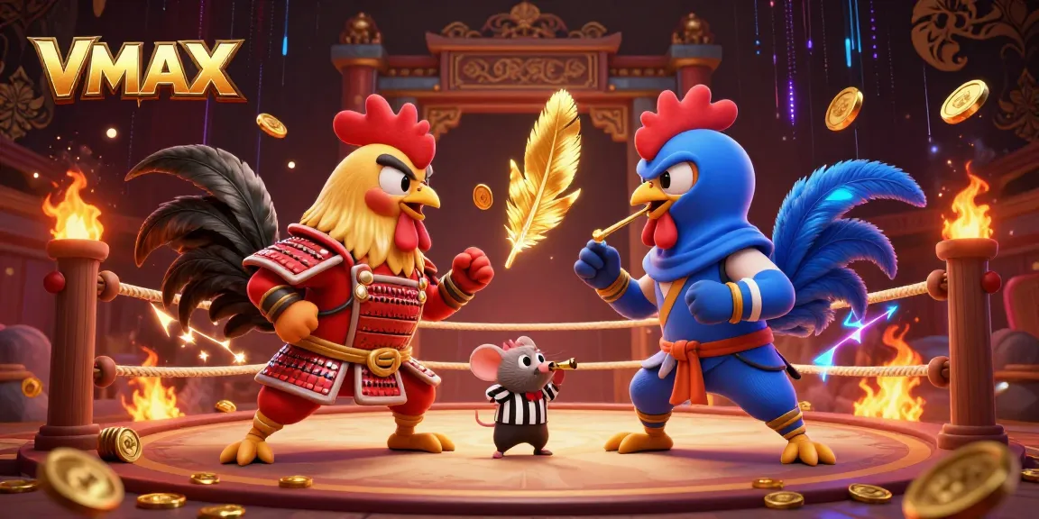 Betting action featuring VMAX roosters in a dramatic standoff with golden feathers in a thrilling arena.