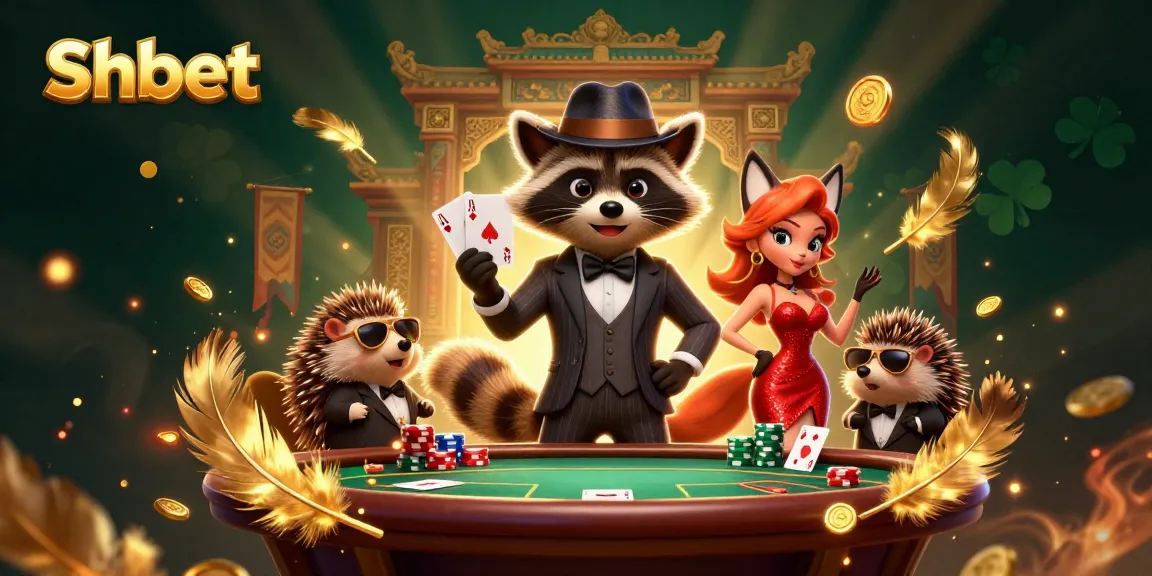 Shbet showcases an energetic poker scene with raccoon, fox, and hedgehog characters.
