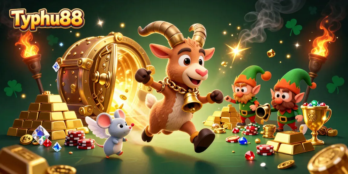 Engage with Typhu88 in a vibrant casino scene featuring character interactions, golden treasures, and festive elements.