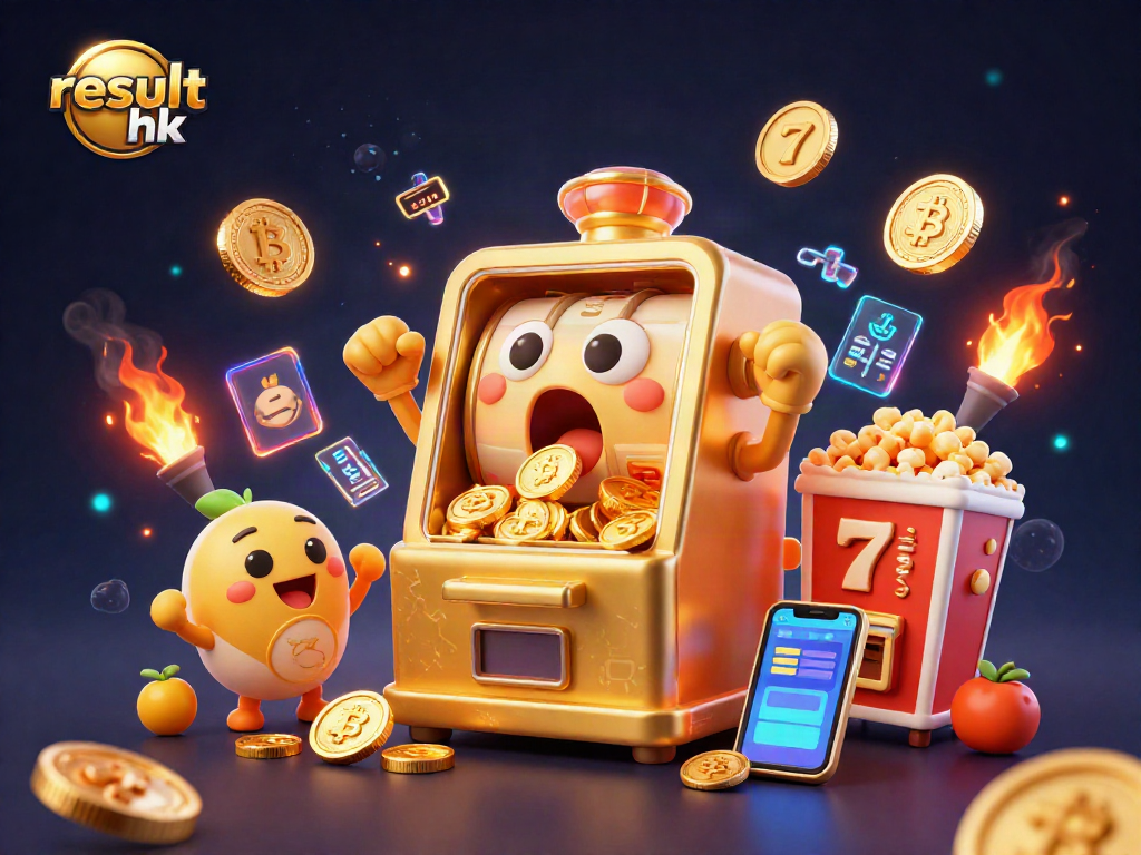 Result hk showcases a cartoon golden slot machine celebrating a jackpot amidst vibrant casino elements.