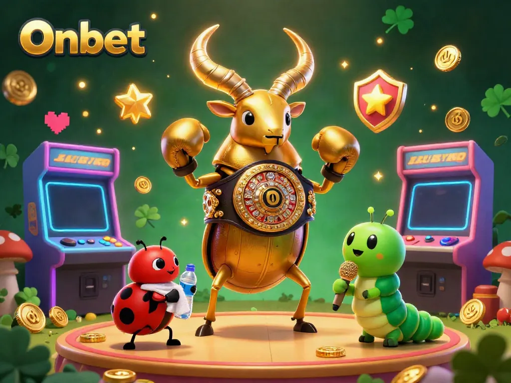 Onbet's vibrant illustration highlights a whimsical boxing match between a stag beetle and ladybug, showcasing casino gaming elements.