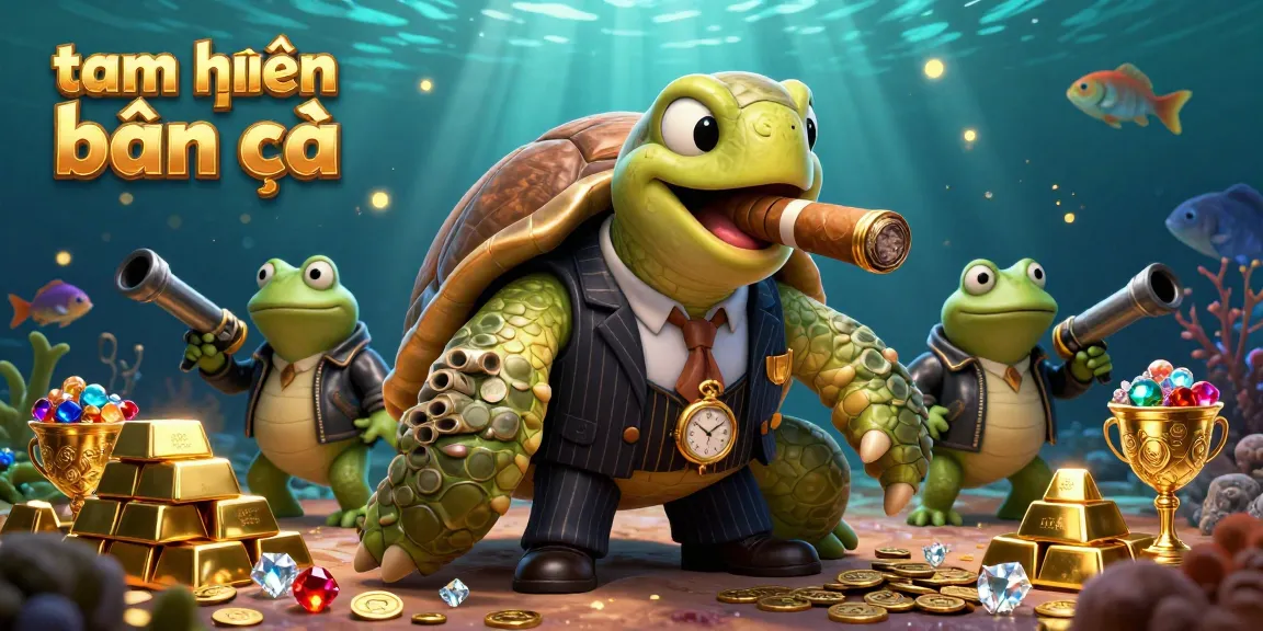 Experience tam tiên bắn cá with a vibrant, action-packed underwater casino scene featuring a snapping turtle and bullfrog enforcers.