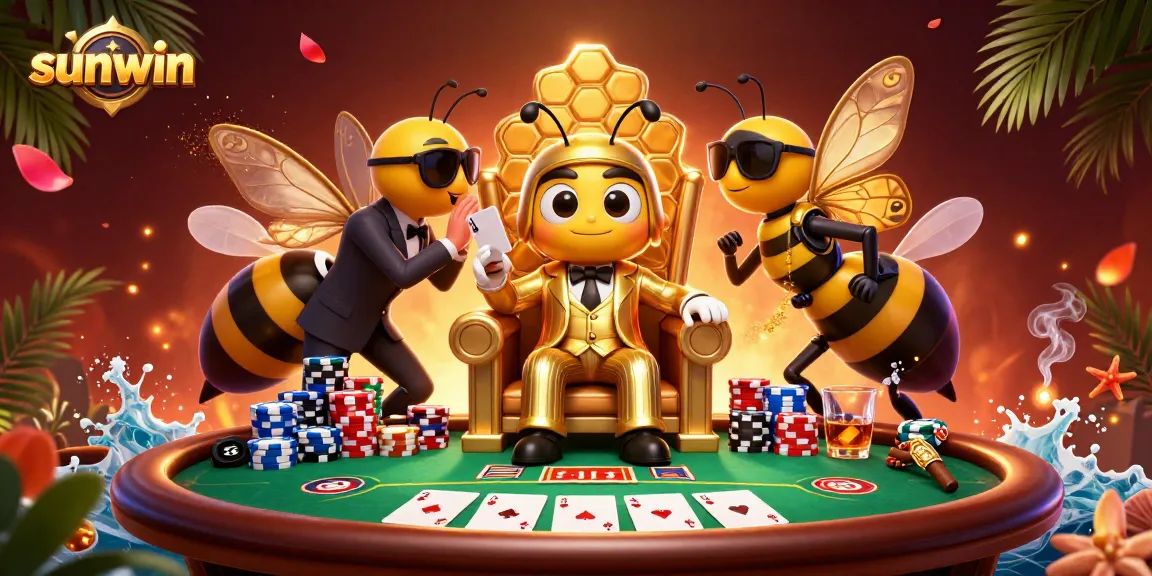 Experience sunwin's thrilling poker action with a daring bumblebee mob boss in a vibrant casino.