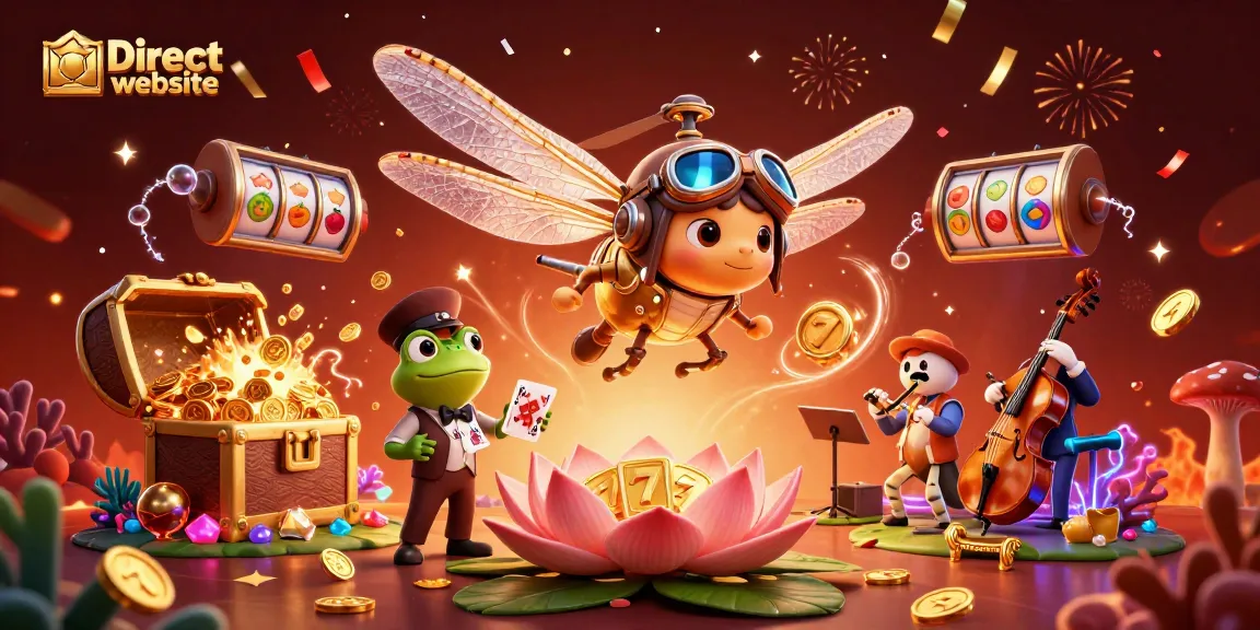 Experience the thrilling Direct website action with dragonfly pilot and frog croupier in a vibrant casino scene.