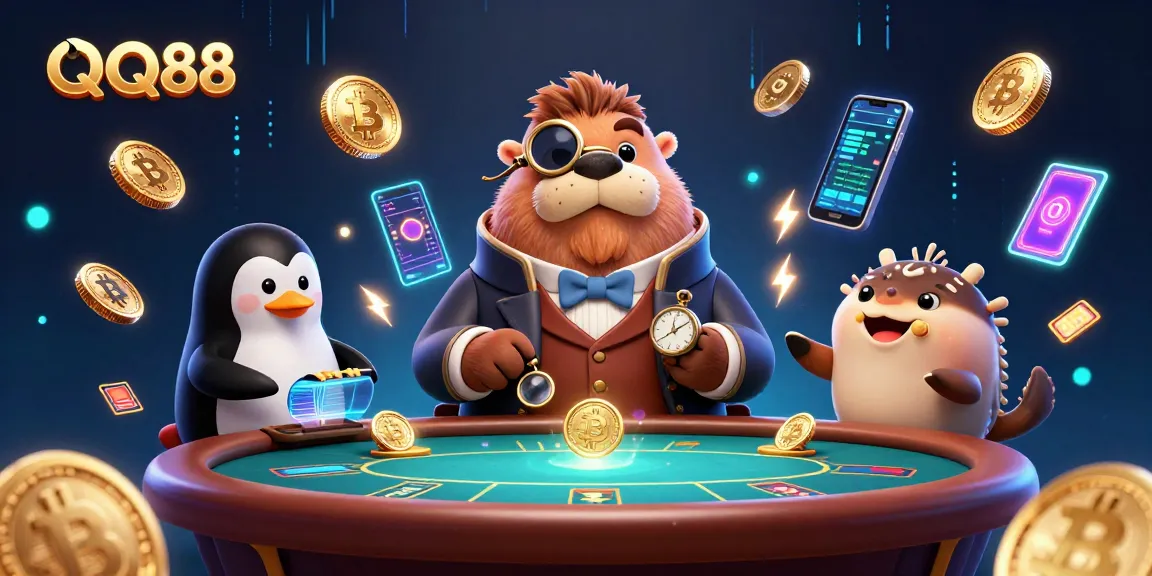 Experience thrilling card games at QQ88 with a jolly walrus and friends in an underwater poker setting.