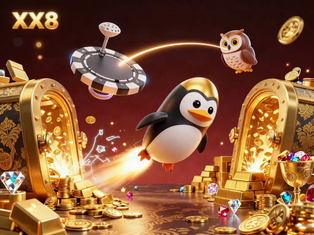 Experience the thrill of XX 8 with a dynamic golden penguin racing towards a casino in a burst of coins.