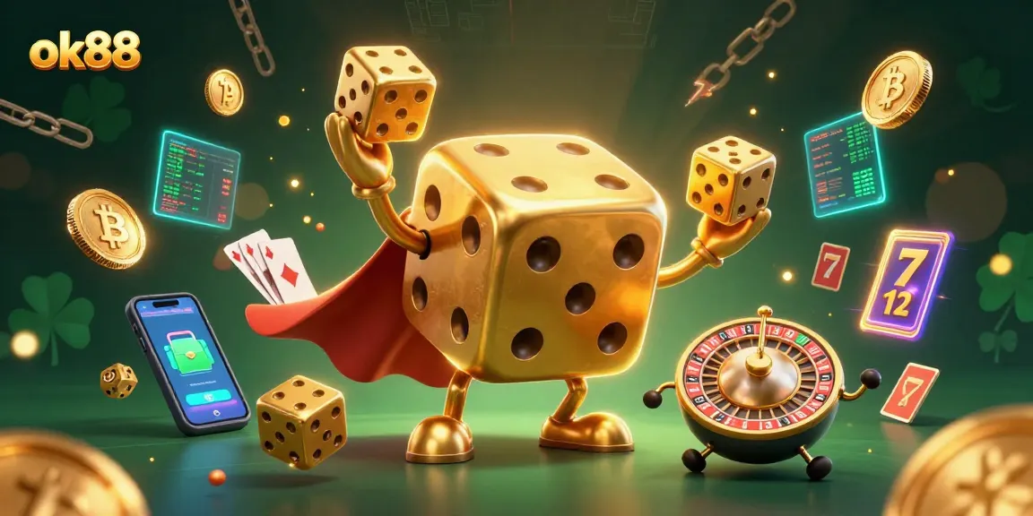 Engage with ok88's vibrant casino experience, featuring a golden dice golem juggling in a lively gaming scene.