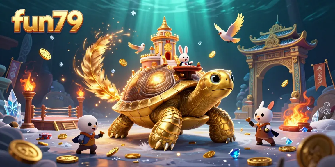 Experience fun79's vibrant casino world with a golden tortoise, rabbit dealer, and flying coins in a dynamic 3D scene.