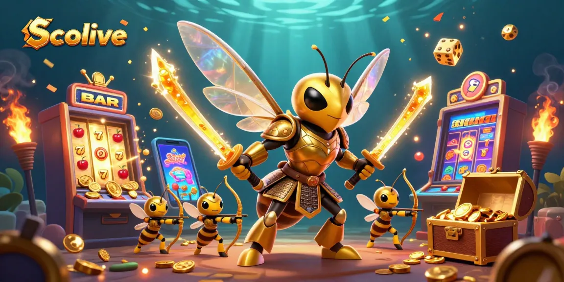 Socolive showcases a dynamic gaming scene with a golden hornet and bee archers amid dazzling casino elements.