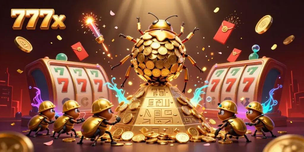Experience thrilling wins at 777x casino with a dynamic scene of golden beetles and slot reels.