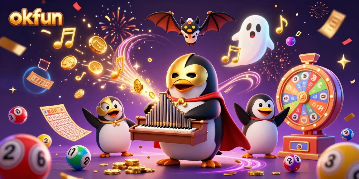Experience excitement with okfun as a penguin plays music and coins rain down.
