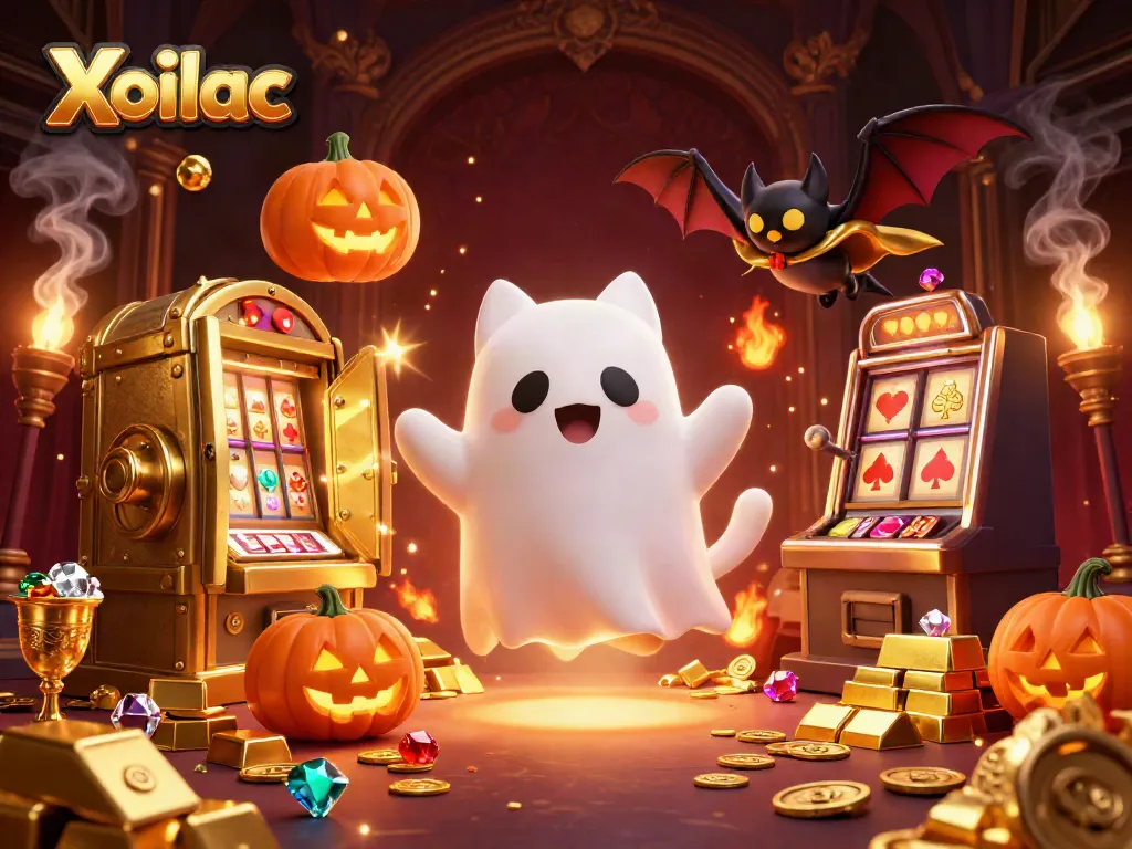 Xoilac offers an exciting casino experience with a friendly ghost cat and its bat companion in a vibrant haunted mansion.