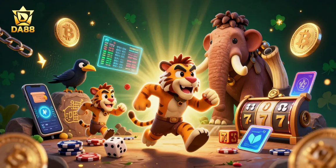 Experience DA88's prehistoric casino with vibrant 3D art featuring unique characters and crypto elements.