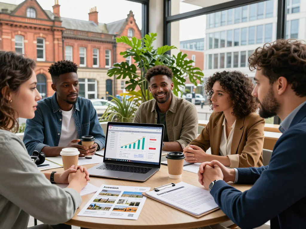 Professionals discussing airbnb management sheffield strategies in a vibrant Sheffield workspace