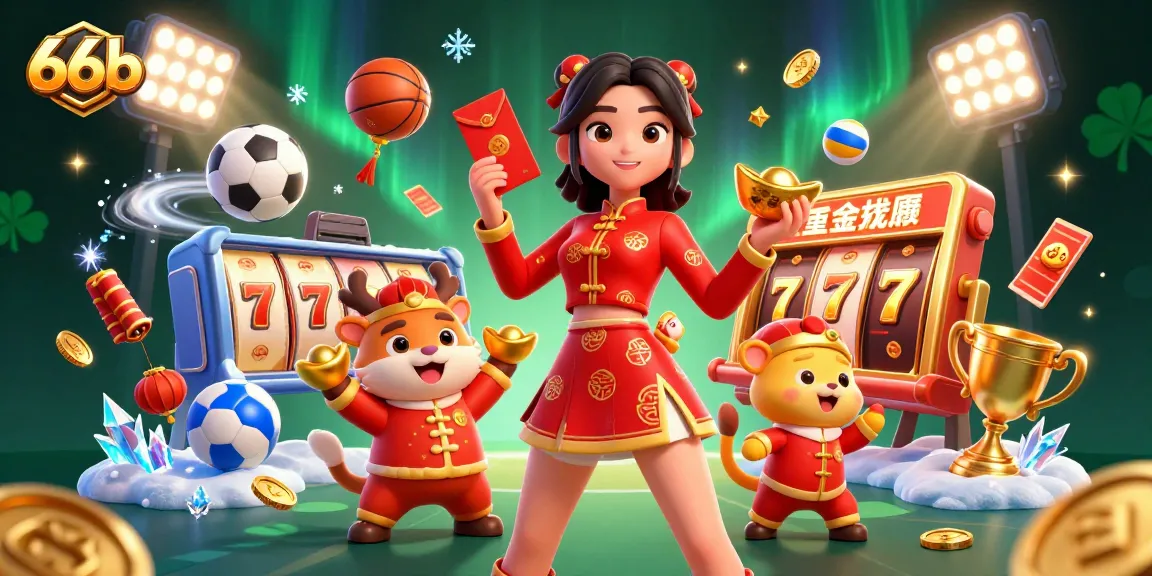 Join the festive gambling fun with 66b's exciting casino scene featuring vibrant characters and themed elements.