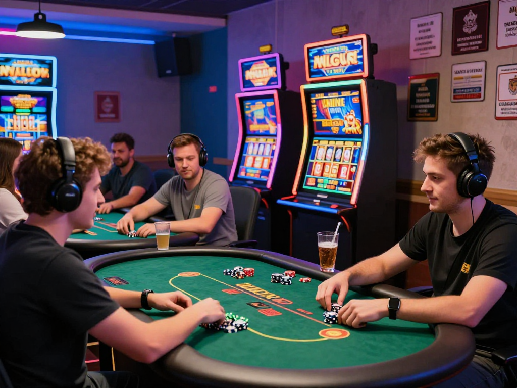 Players enjoying games at non UK casinos, vibrant atmosphere with diverse gaming experiences and international licenses.