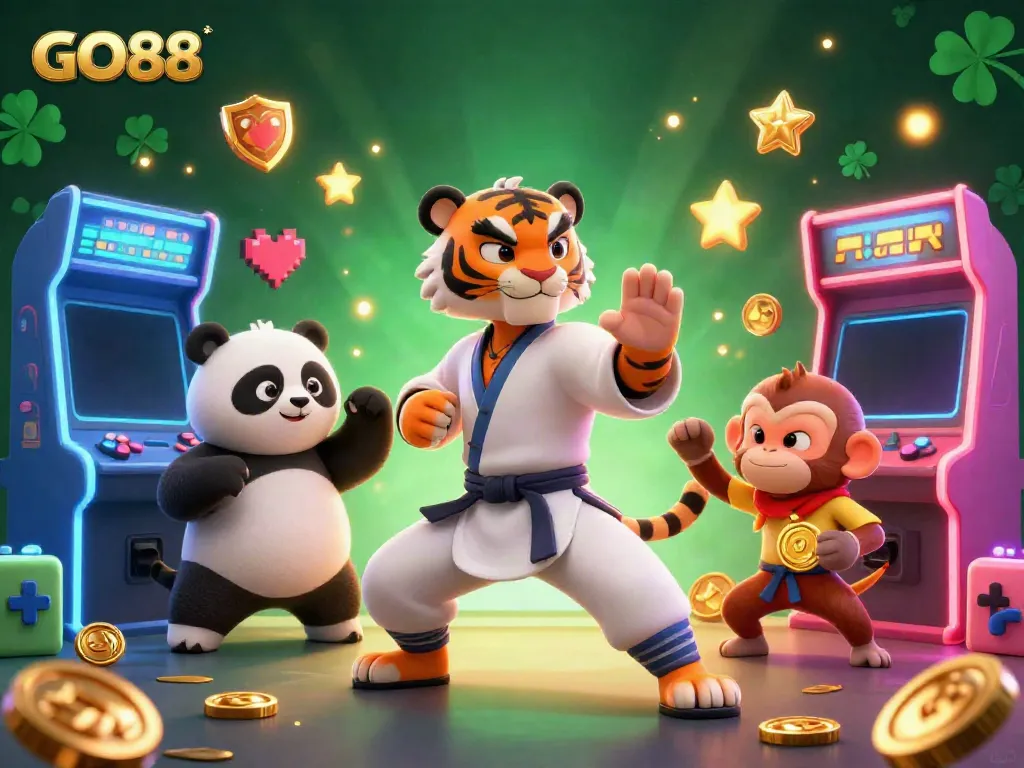 Engage with GO88's vibrant 3D gaming world featuring a kung fu tiger master, panda disciple, and mischievous monkey amidst arcade elements.