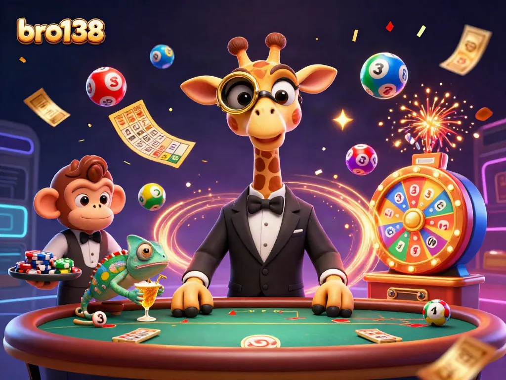 Join bro138's lively casino scene, where a high-roller giraffe and friends play amidst vibrant gaming elements.