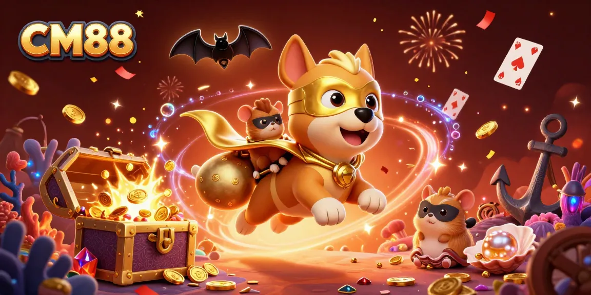 CM88 offers epic casino adventures, featuring a superhero dog flying through a treasure-filled scene.