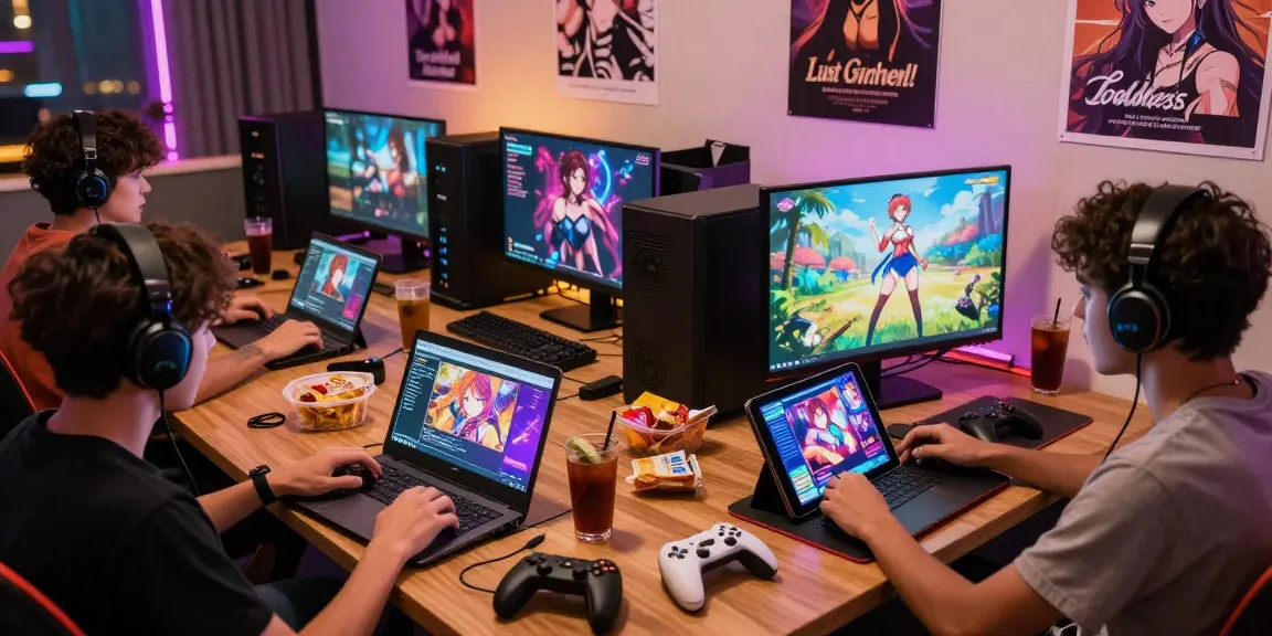 Play hentai games with friends in an exciting gaming lounge atmosphere showcasing dynamic visual narratives.