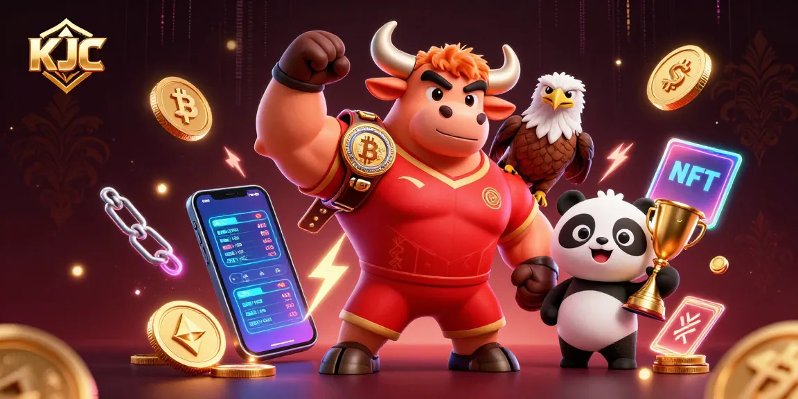 Experience KJC's thrilling casino atmosphere with a dynamic scene featuring a winning bull, an eagle champion, and a trophy panda.