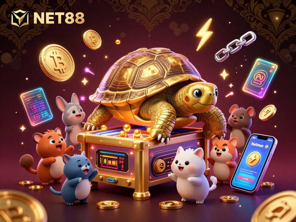 Engage with NET88's vibrant, dynamic gambling scene featuring a colossal golden tortoise amidst cryptocurrency elements.
