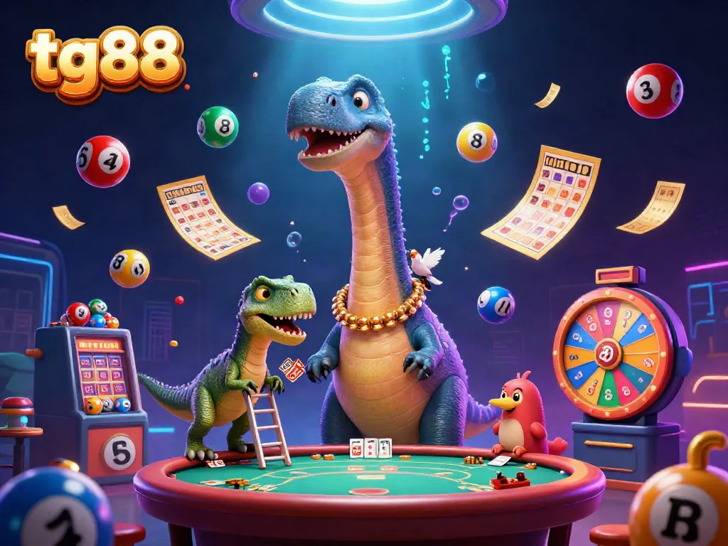 Experience excitement at tg88 with a vibrant online casino scene featuring a brontosaurus and raptor.