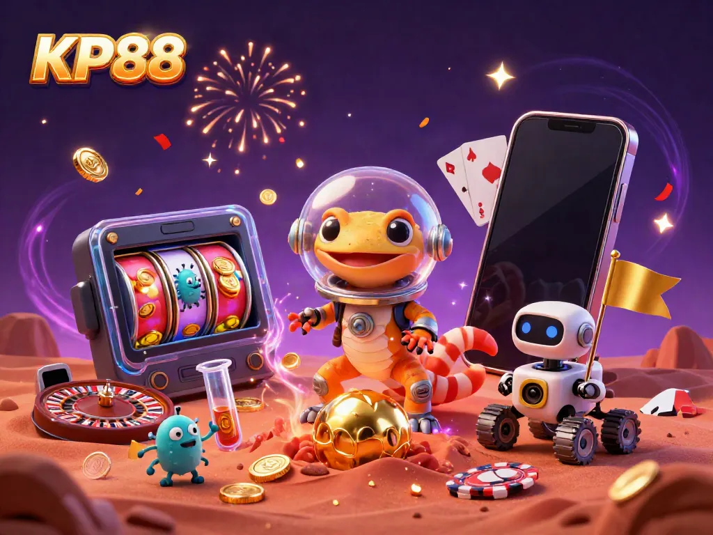 Engage with KP88's vibrant alien casino scene featuring a Martian gecko, a robot, and interactive gaming elements.