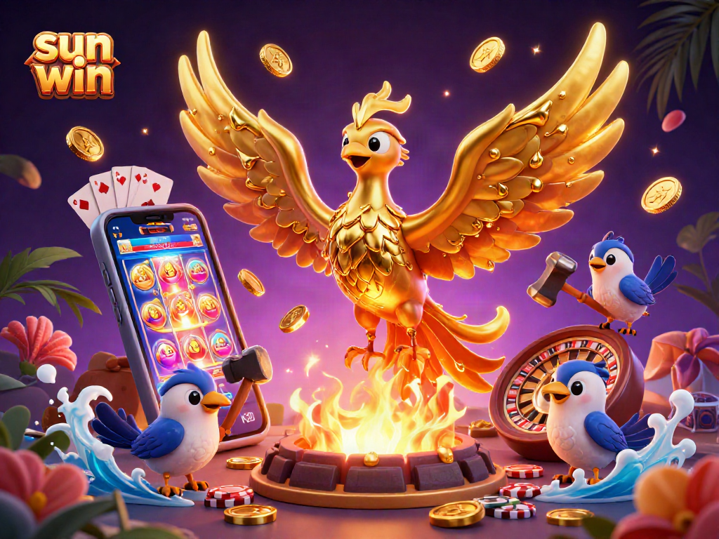 Experience thrilling wins at Sun Win with golden coins erupting from a stunning 3D phoenix illustration.