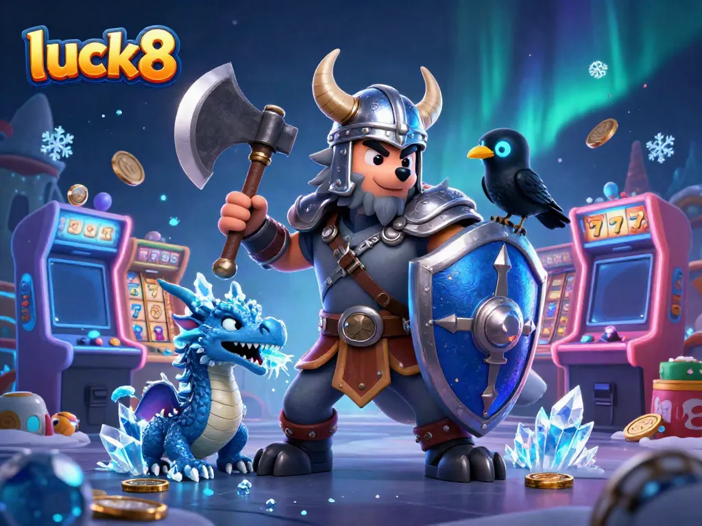 Engage in the thrill of luck8's slot games with a Viking warrior and dragon in an enchanting 3D scene.
