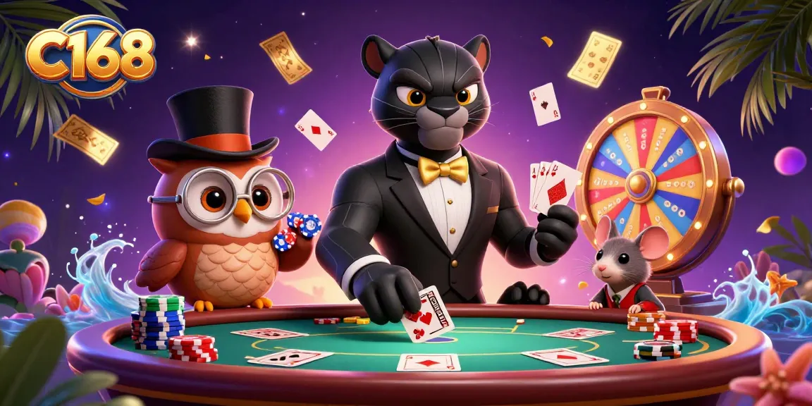 C168 showcases stylish casino characters dealing cards in an animated and vibrant gambling scene.