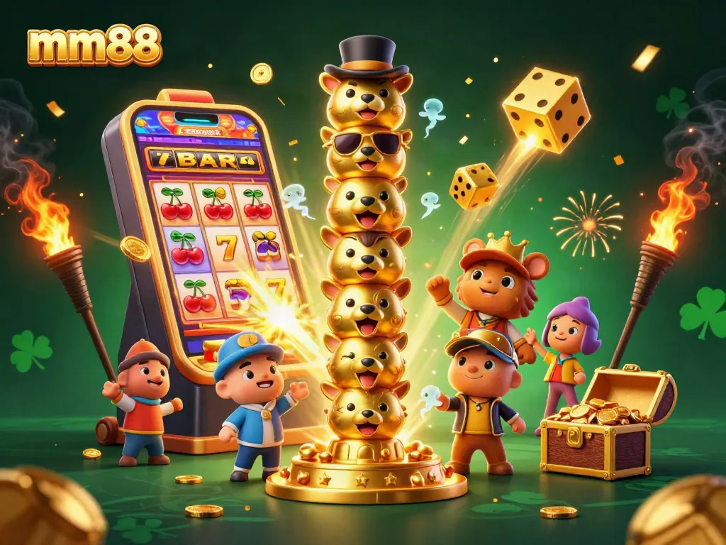 mm88 jackpot illustration showcasing vibrant slot machine action and a lively totem pole character