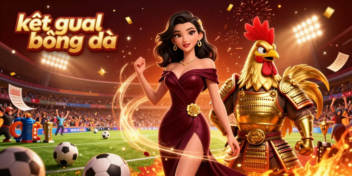 Experience the thrilling kết quả bóng đá with a glamorous woman and a golden rooster warrior amid vibrant sports betting elements.