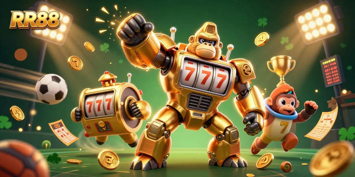 Experience big wins at RR88 with a dynamic illustration showcasing a golden mech amidst vibrant casino elements.