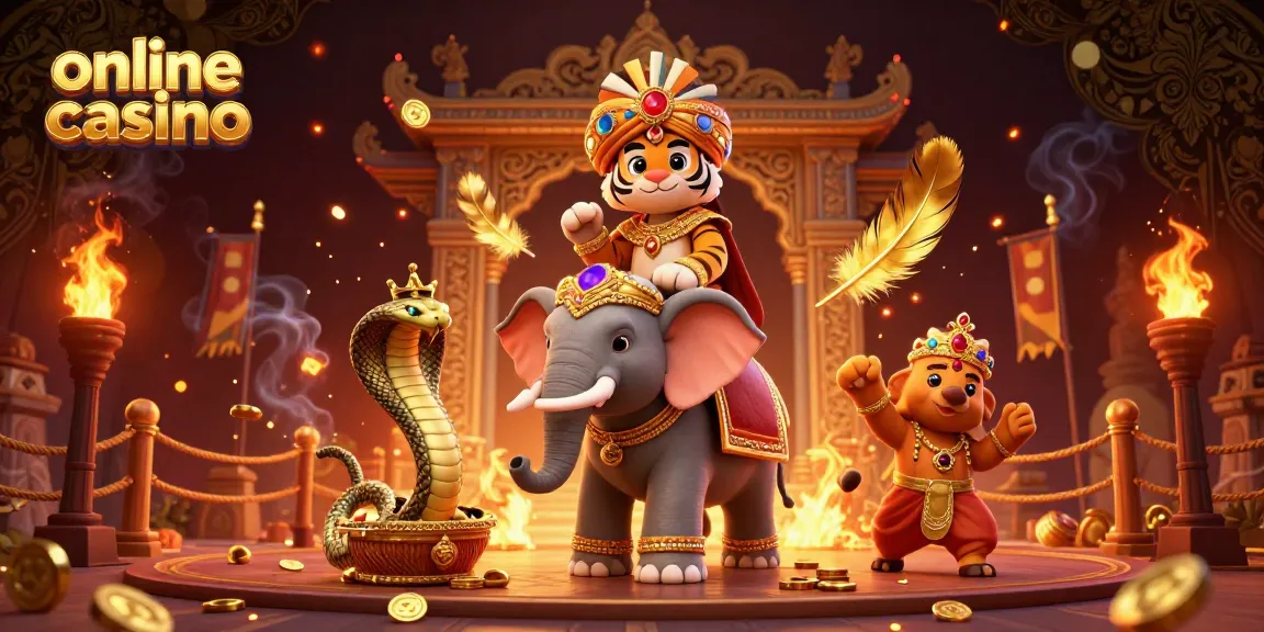 Experience the thrill of an online casino with a majestic Indian maharaja tiger and jewel-encrusted elephant amidst vibrant gaming elements.