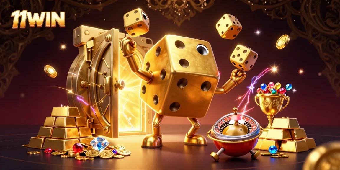 Experience thrilling entertainment at 11WIN, featuring golden dice and treasure vaults in an enchanting casino scene.