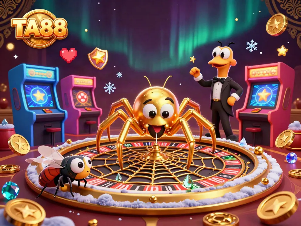 TA88 interactive casino scene with a golden spider and centipede croupier spinning a roulette web.