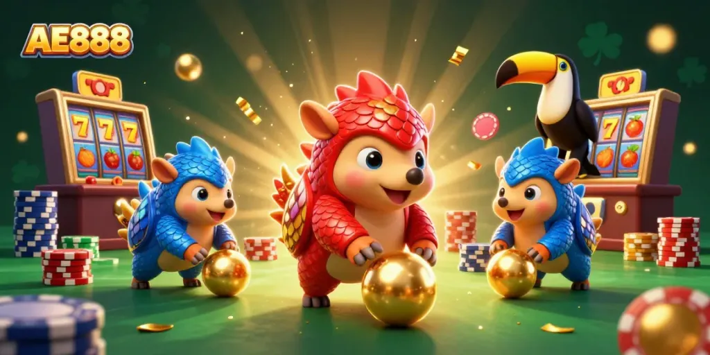 Engaging AE888 scene with rival pangolins and vibrant casino elements creating excitement.
