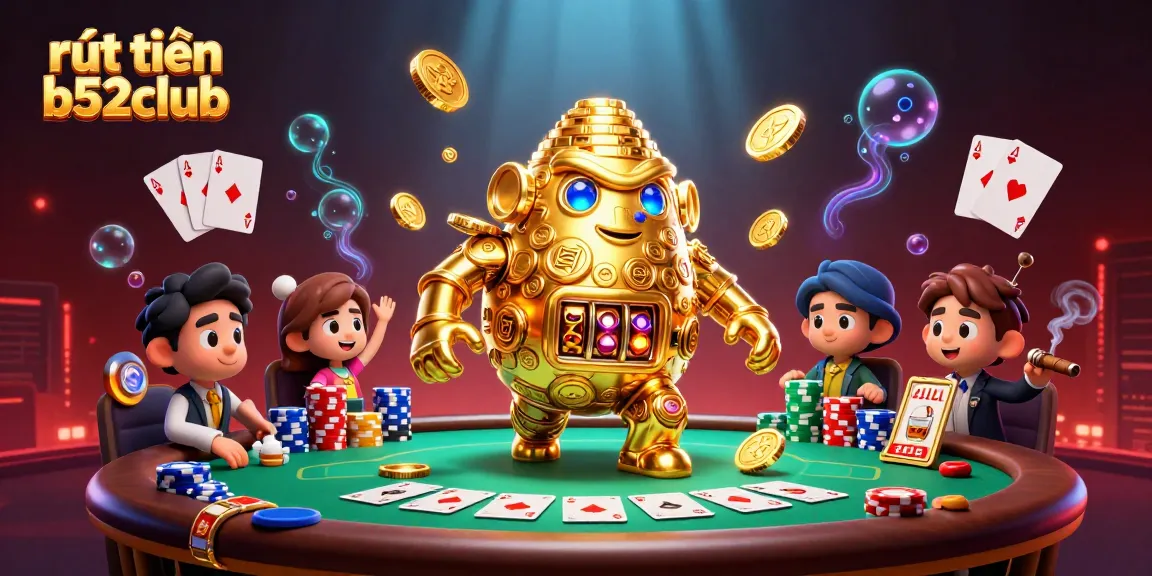 Engaging scene illustrating rút tiền b52club with a dynamic 3D golden golem amidst poker elements.