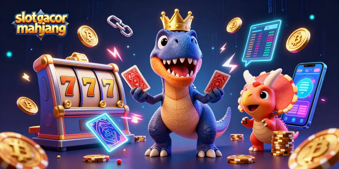 Engage with slot gacor mahjong in this vibrant 3D casino scene featuring charming dinosaur characters and rich gambling elements.
